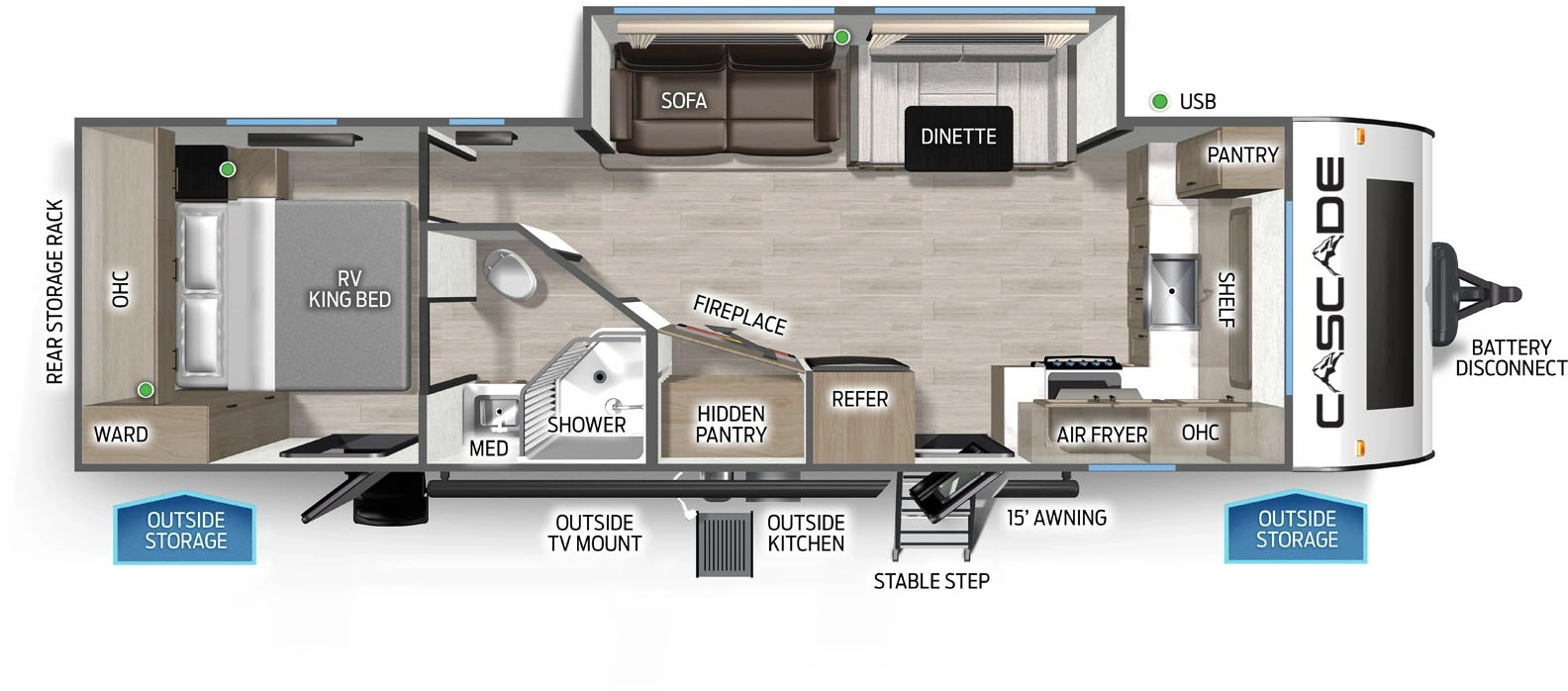 The Cascade 27GHC floorplan has two entries and one slide out. Exterior features include: metal exterior, 15' awning and outside kitchen. Interiors features include: front kitchen, u-dinette and rear bedroom.
